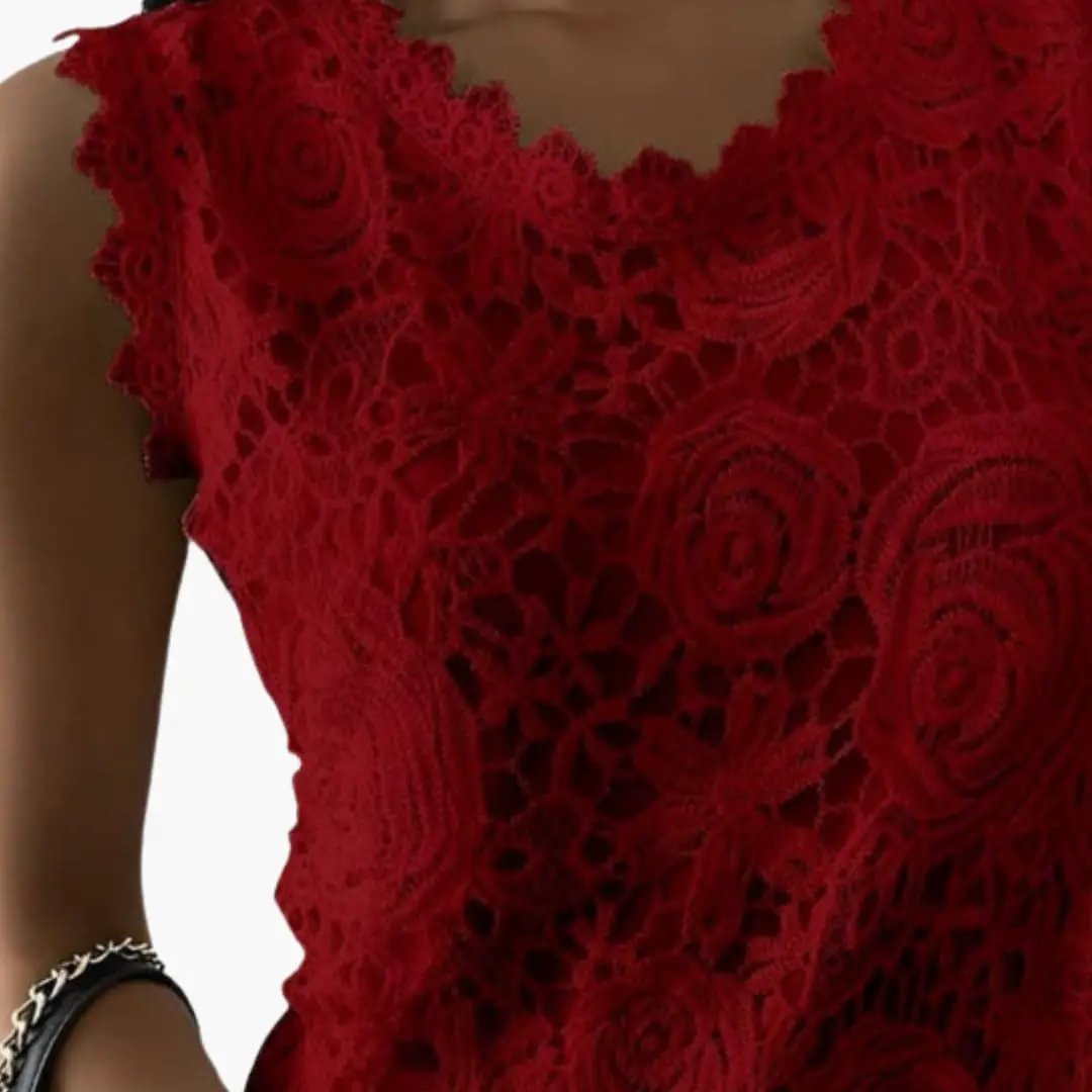 Women’s Sleeveless Lace Blouse with Mandarin Collar and Floral Embroidery