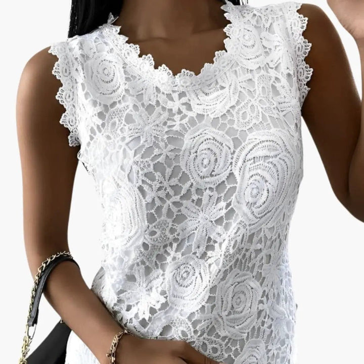 Women’s Sleeveless Lace Blouse with Mandarin Collar and Floral Embroidery