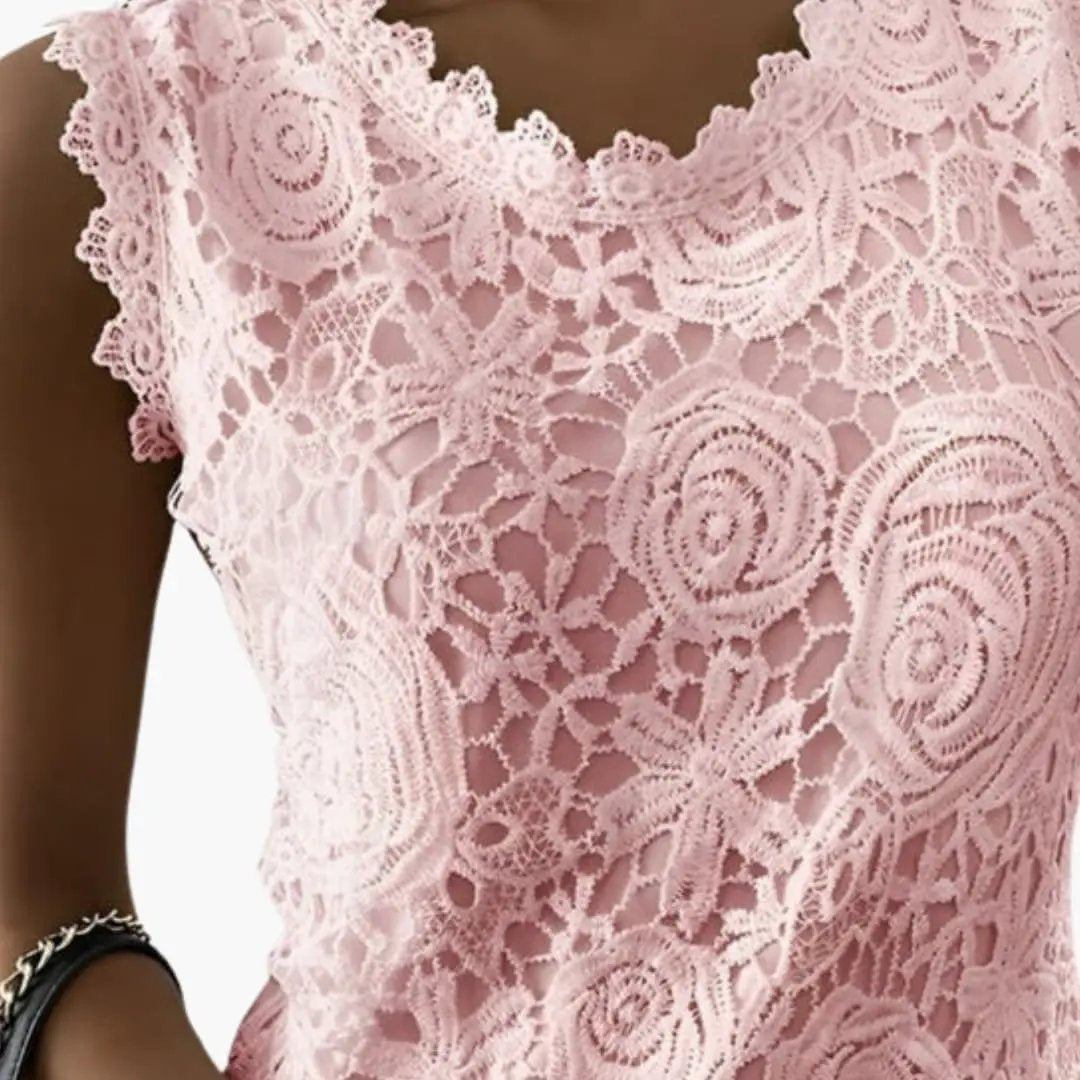 Women’s Sleeveless Lace Blouse with Mandarin Collar and Floral Embroidery