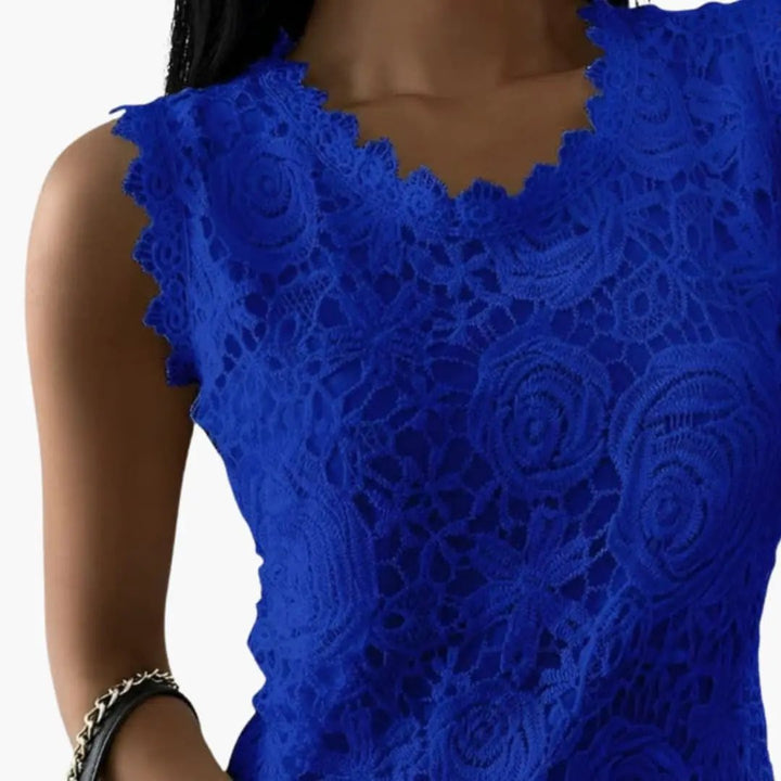 Women’s Sleeveless Lace Blouse with Mandarin Collar and Floral Embroidery