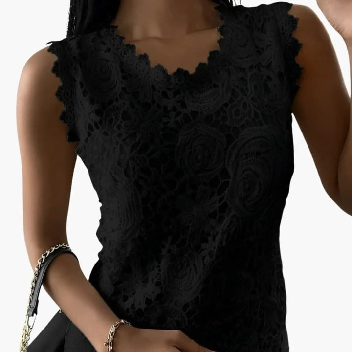 Women’s Sleeveless Lace Blouse with Mandarin Collar and Floral Embroidery