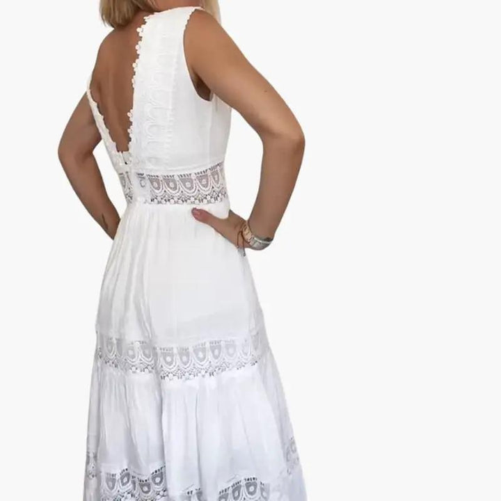Women’s Sleeveless Lace Maxi Dress with V-Back and Tiered Ankle-Length Skirt