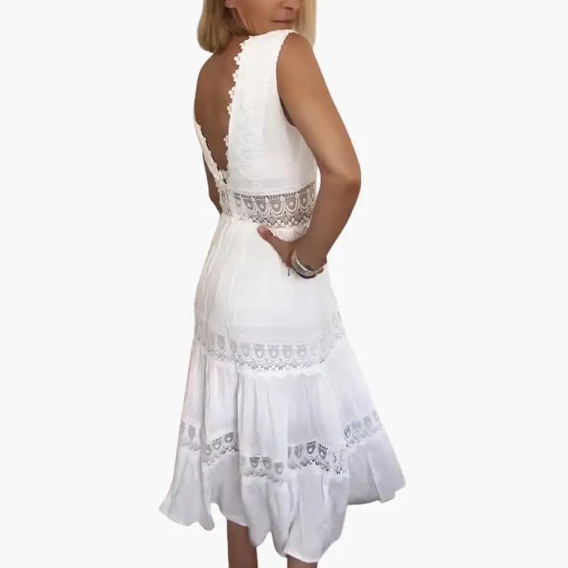 Women’s Sleeveless Lace Maxi Dress with V-Back and Tiered Ankle-Length Skirt