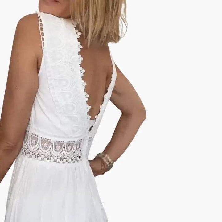 Women’s Sleeveless Lace Maxi Dress with V-Back and Tiered Ankle-Length Skirt
