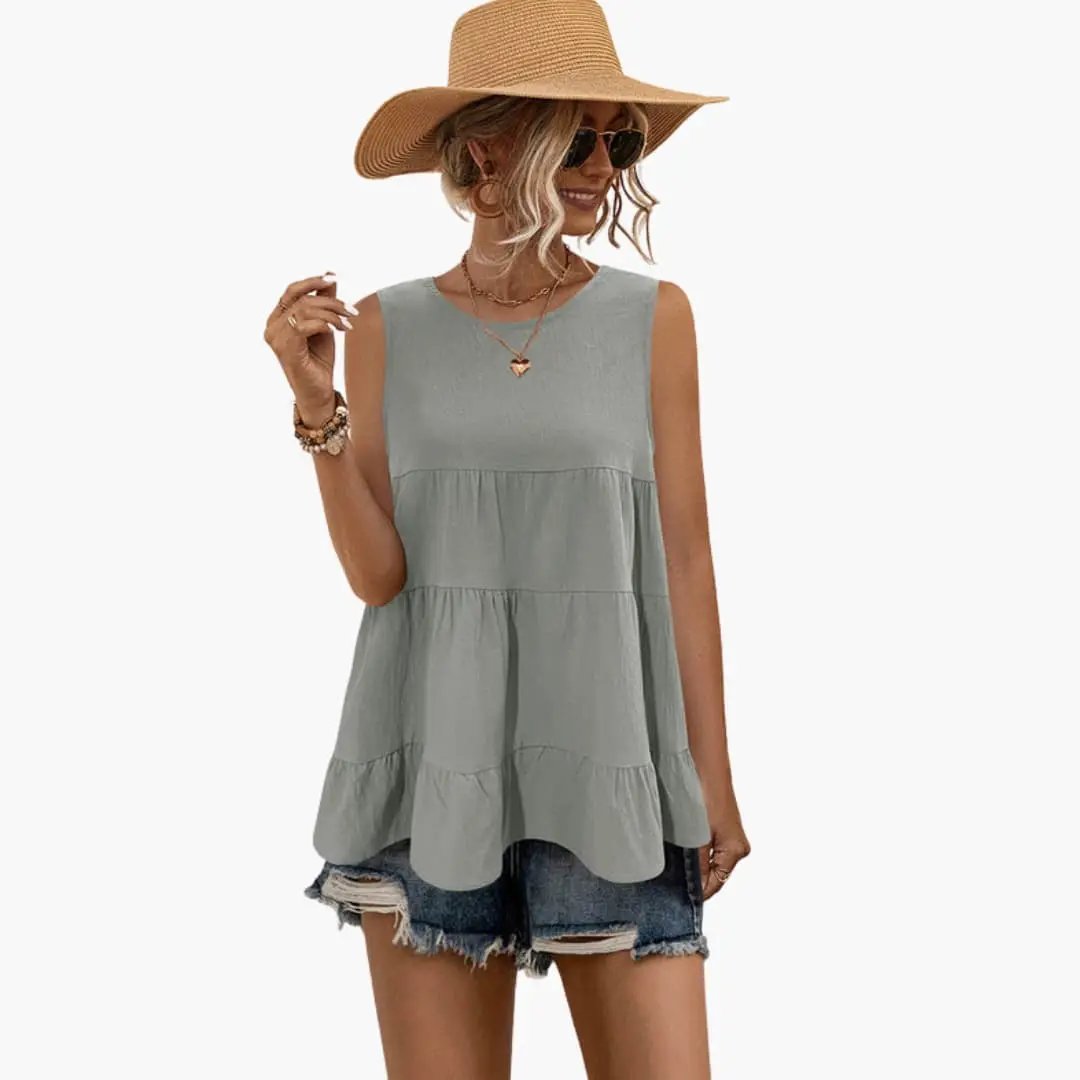 Women's Sleeveless Round Neck Top with Layered Ruffle Detail