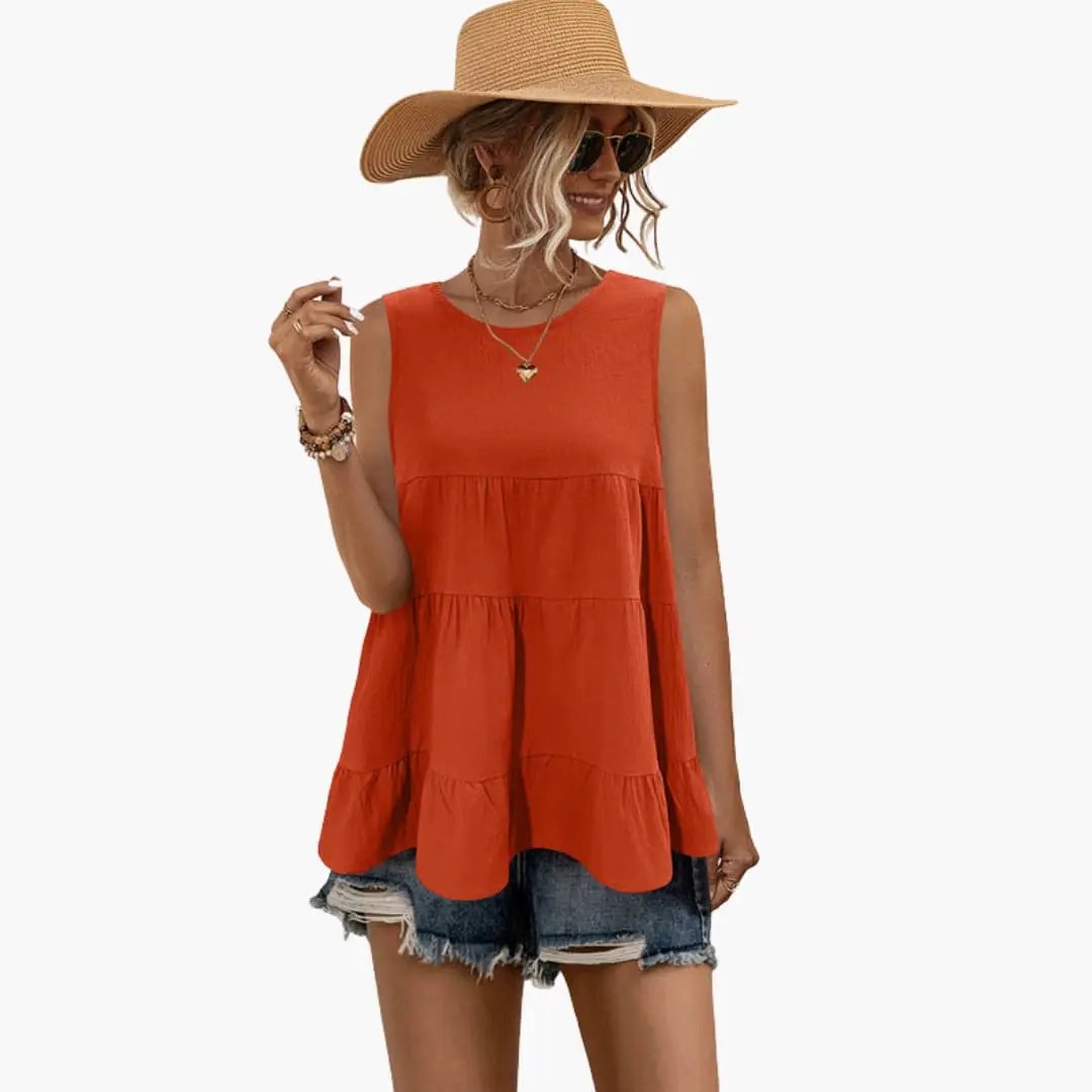 Women's Sleeveless Round Neck Top with Layered Ruffle Detail