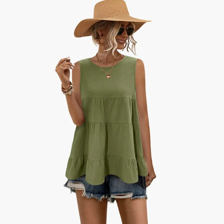 Women's Sleeveless Round Neck Top with Layered Ruffle Detail