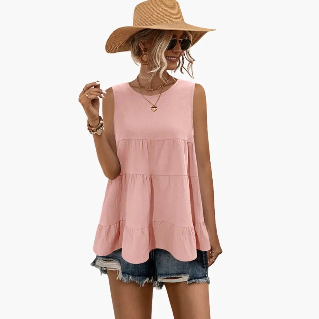 Women's Sleeveless Round Neck Top with Layered Ruffle Detail