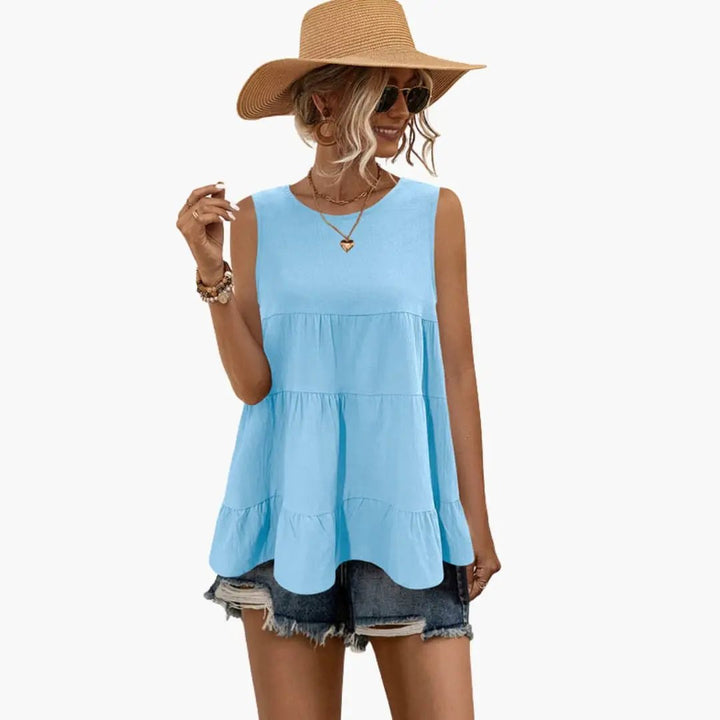 Women's Sleeveless Round Neck Top with Layered Ruffle Detail