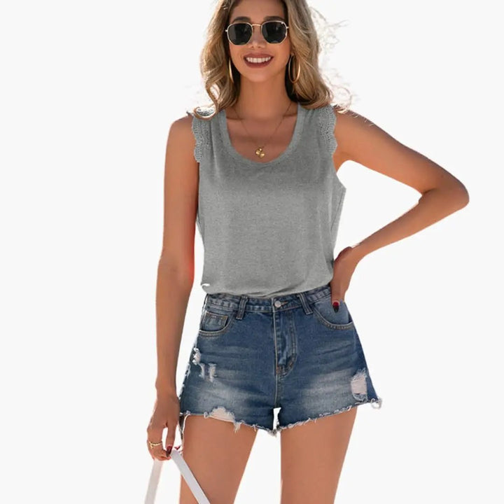 Women's Sleeveless Round Neck Top with Ruffle Shoulders