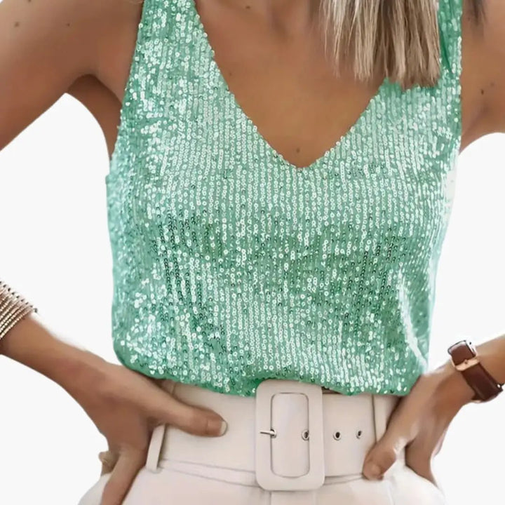Women’s Sleeveless Top with Sequin Detail and Round Neck