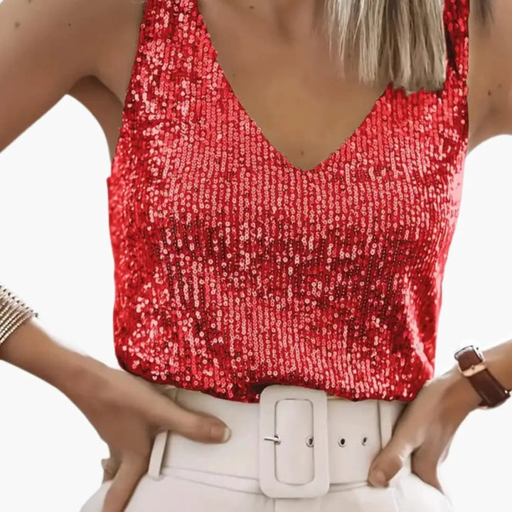 Women’s Sleeveless Top with Sequin Detail and Round Neck