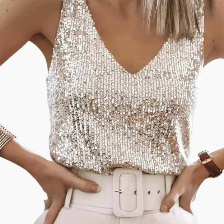 Women’s Sleeveless Top with Sequin Detail and Round Neck