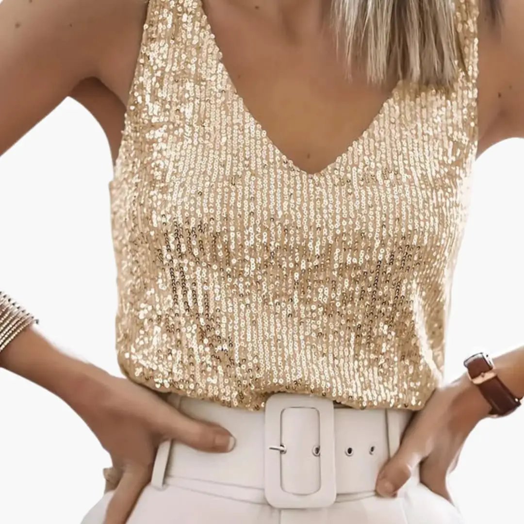 Women’s Sleeveless Top with Sequin Detail and Round Neck