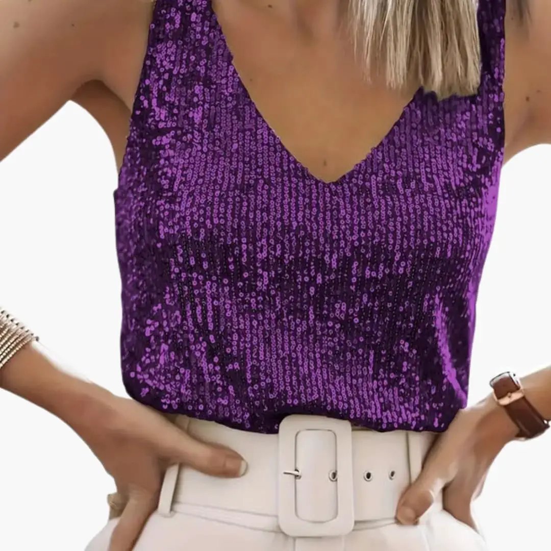 Women’s Sleeveless Top with Sequin Detail and Round Neck