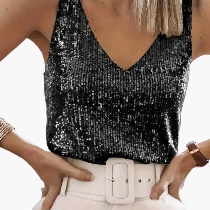 Women’s Sleeveless Top with Sequin Detail and Round Neck