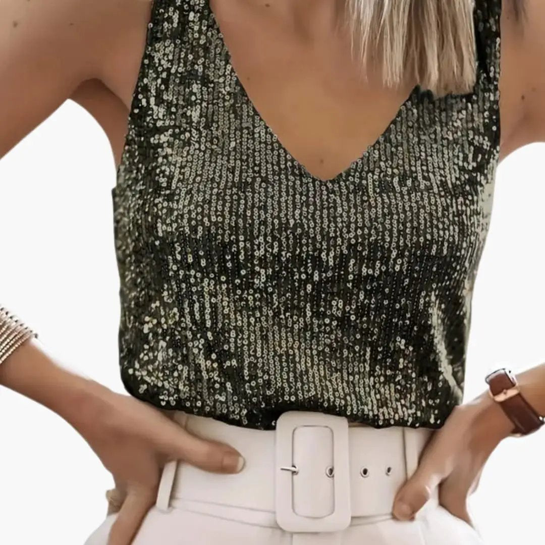 Women’s Sleeveless Top with Sequin Detail and Round Neck