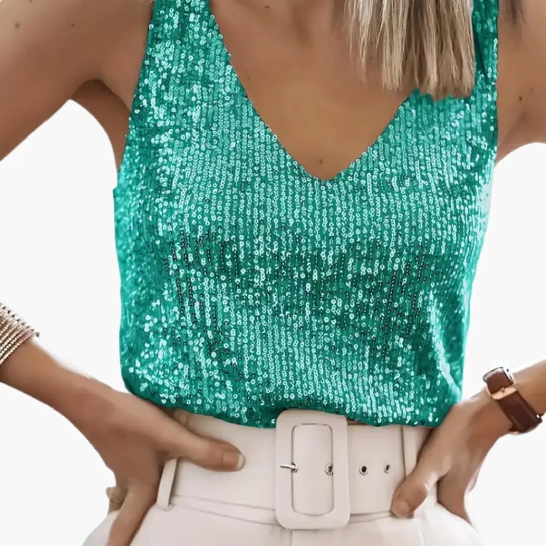 Women’s Sleeveless Top with Sequin Detail and Round Neck