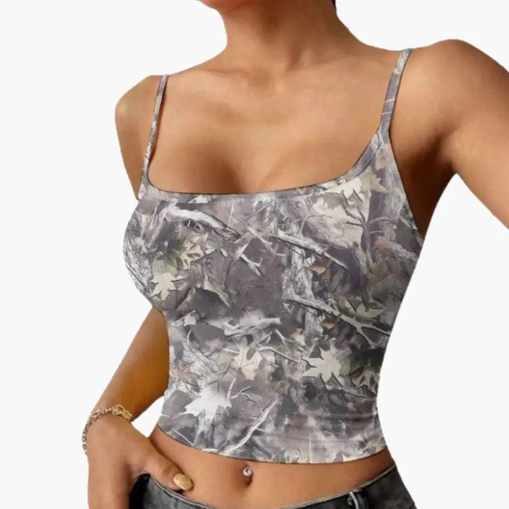 Women’s Sleeveless Top with Camouflage Print and Lightweight Fabric