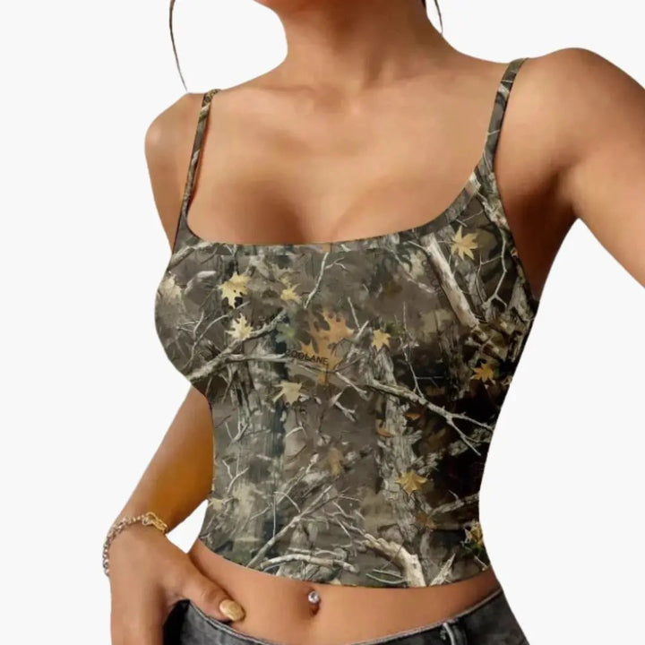 Women’s Sleeveless Top with Camouflage Print and Lightweight Fabric