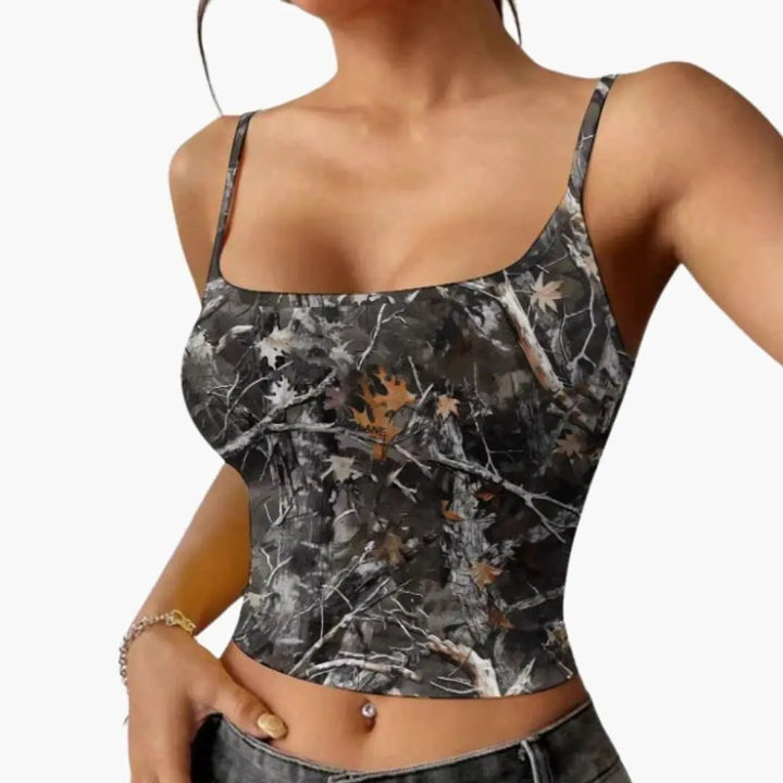 Women’s Sleeveless Top with Camouflage Print and Lightweight Fabric