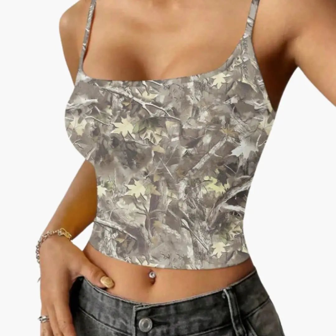 Women’s Sleeveless Top with Camouflage Print and Lightweight Fabric