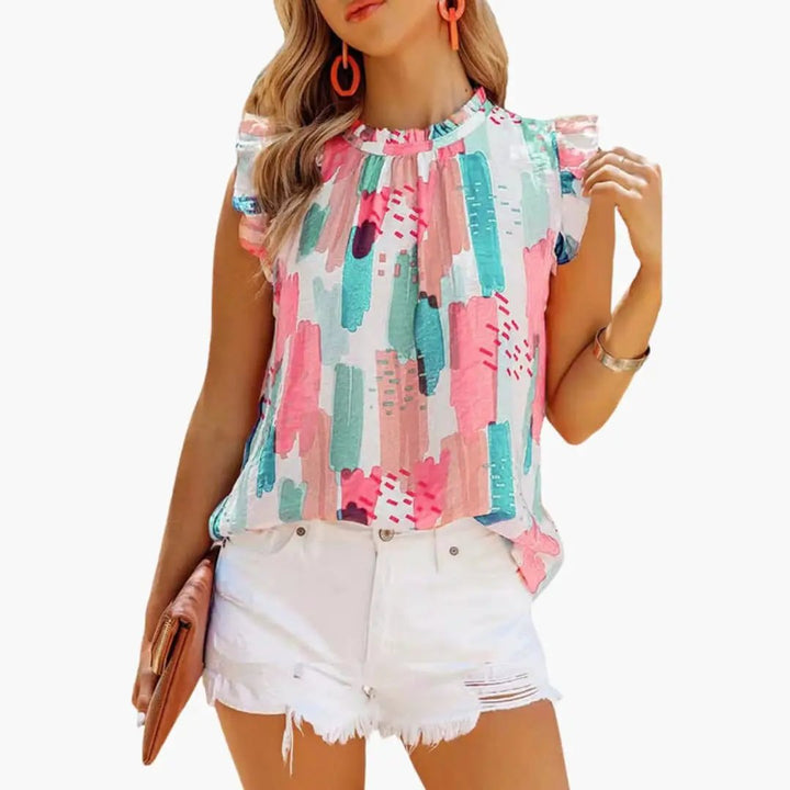 Women’s Sleeveless Top with Ruffled Collar and Abstract Pattern