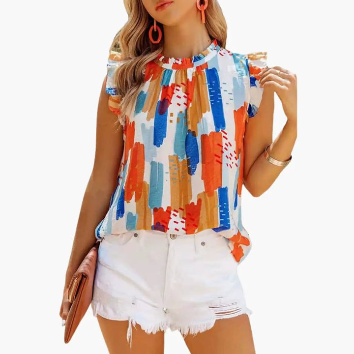 Women’s Sleeveless Top with Ruffled Collar and Abstract Pattern