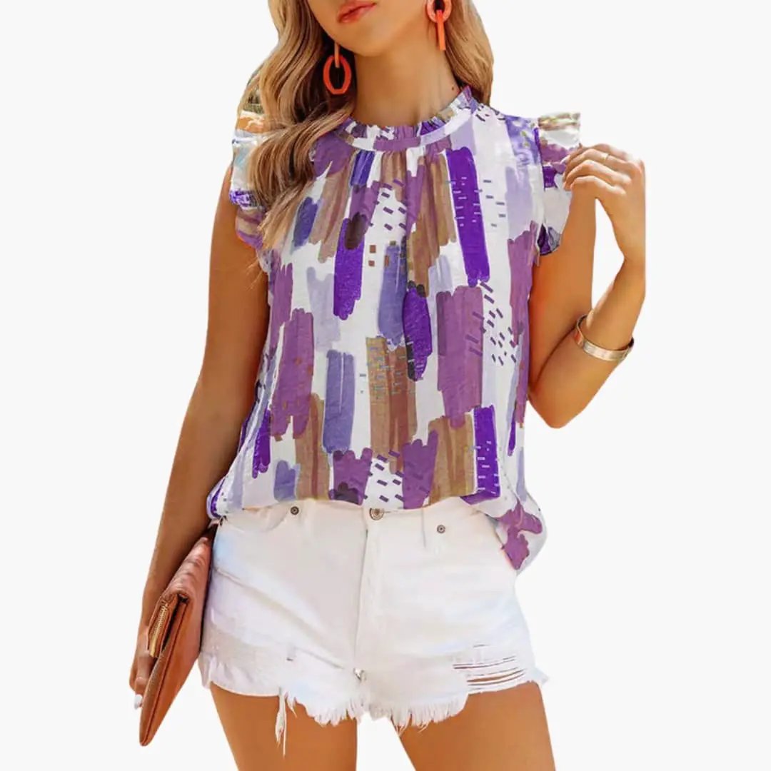 Women’s Sleeveless Top with Ruffled Collar and Abstract Pattern