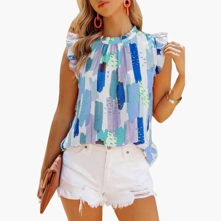 Women’s Sleeveless Top with Ruffled Collar and Abstract Pattern