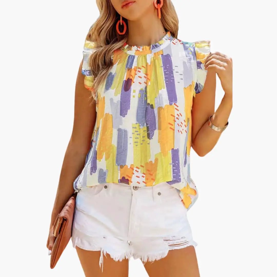Women’s Sleeveless Top with Ruffled Collar and Abstract Pattern