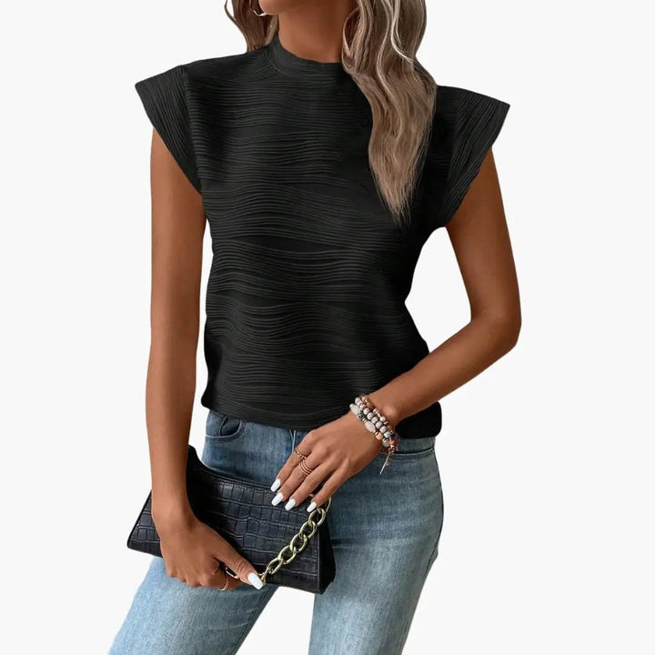 Women’s Sleeveless Top with Stand-Up Collar and Structural Design