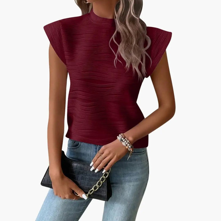 Women’s Sleeveless Top with Stand-Up Collar and Structural Design