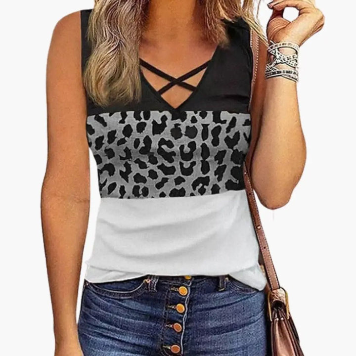 Women’s Sleeveless Top with Twisted V-Neck and Leopard Print