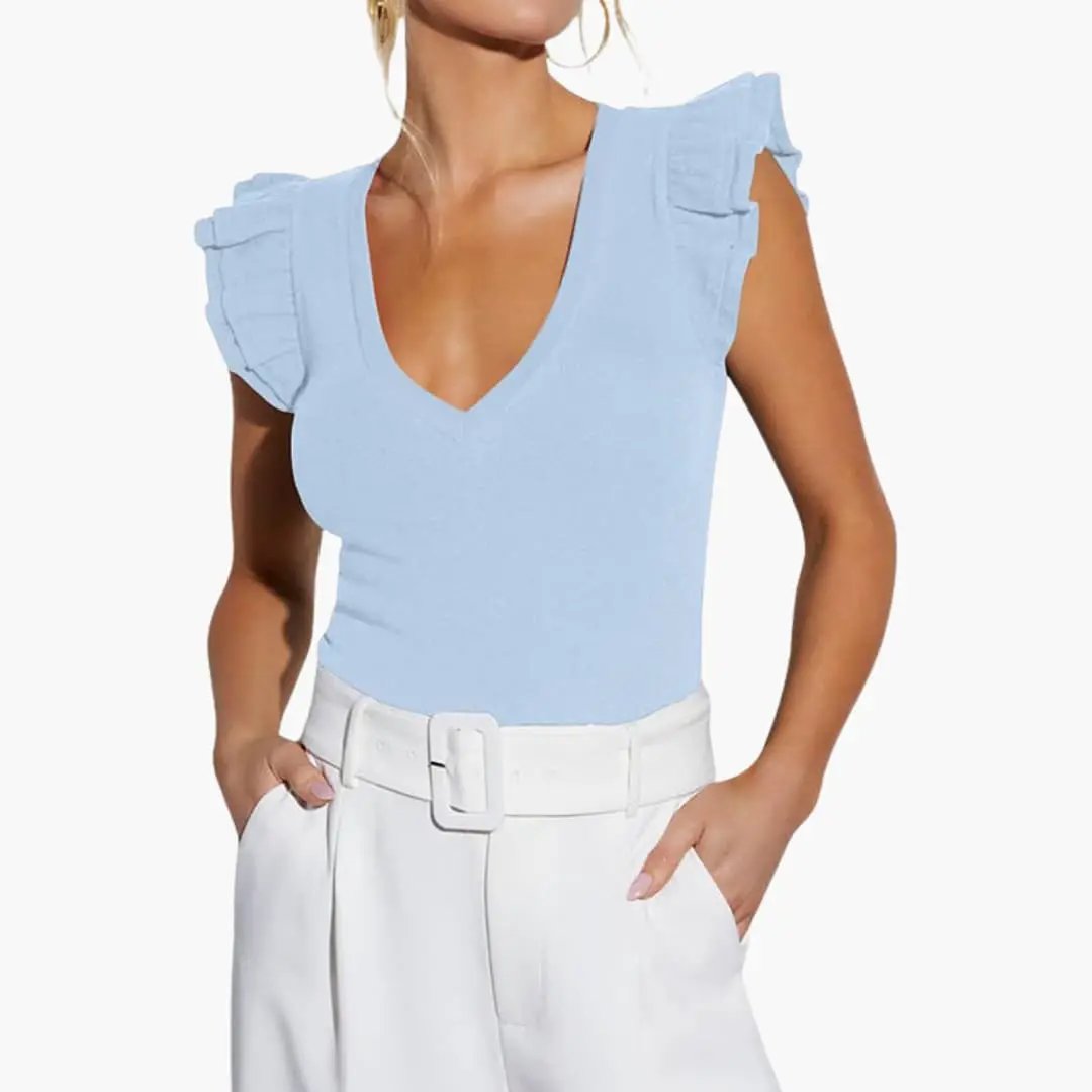Women’s Sleeveless Top with V-Neck and Ruffle Shoulder Detail