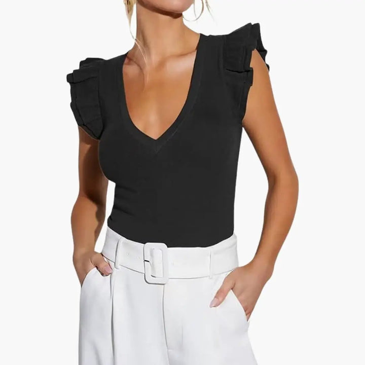 Women’s Sleeveless Top with V-Neck and Ruffle Shoulder Detail