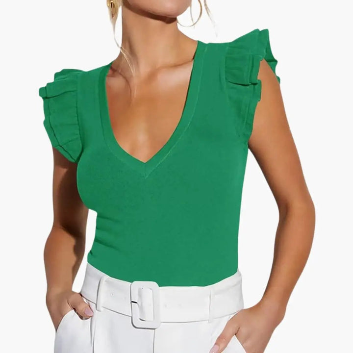 Women’s Sleeveless Top with V-Neck and Ruffle Shoulder Detail