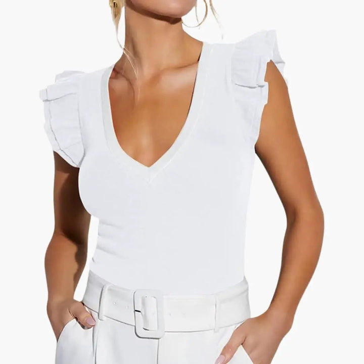Women’s Sleeveless Top with V-Neck and Ruffle Shoulder Detail
