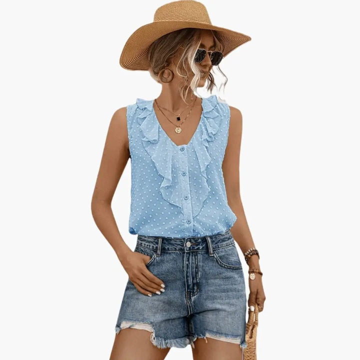 Women's Sleeveless V-Neck Blouse with Ruffle Trim