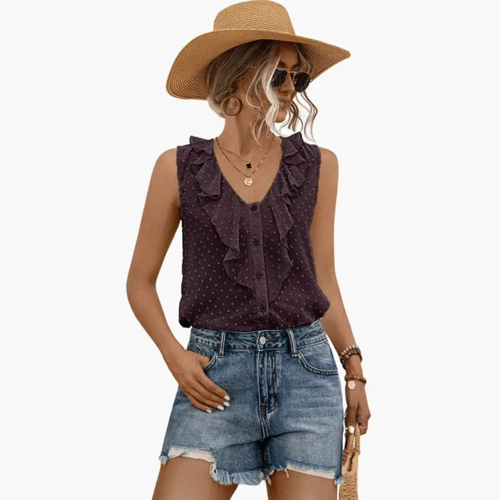Women's Sleeveless V-Neck Blouse with Ruffle Trim
