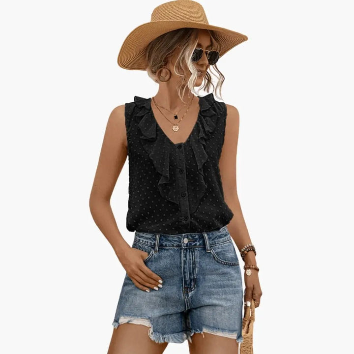 Women's Sleeveless V-Neck Blouse with Ruffle Trim