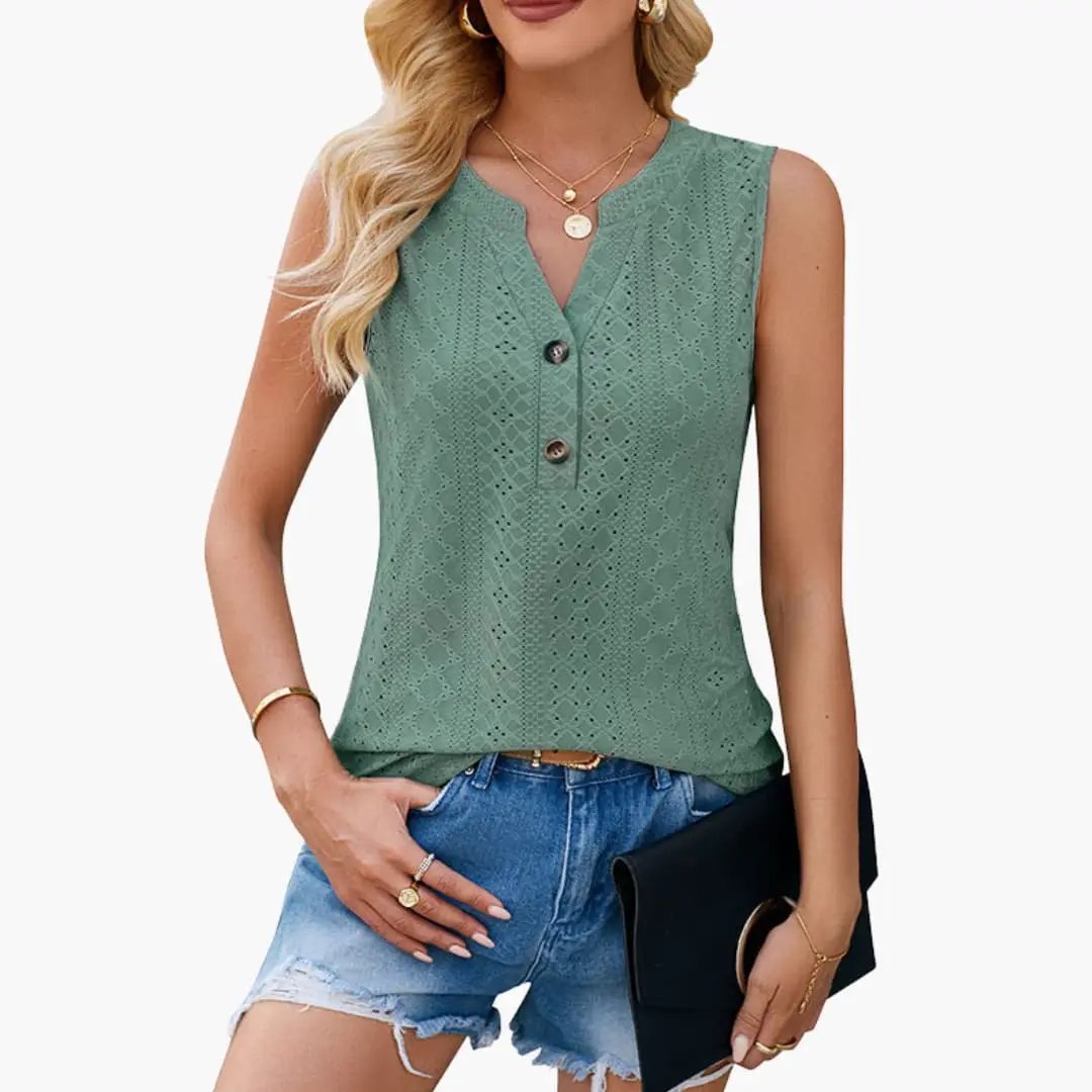 Women's Sleeveless V-Neck Eyelet Blouse Shirt