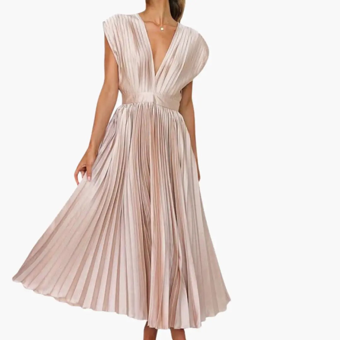 Women’s Sleeveless V-Neck Midi Dress with Defined Waist and Straight Hem