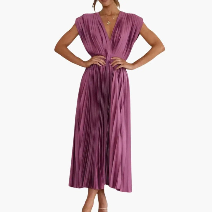 Women’s Sleeveless V-Neck Midi Dress with Defined Waist and Straight Hem
