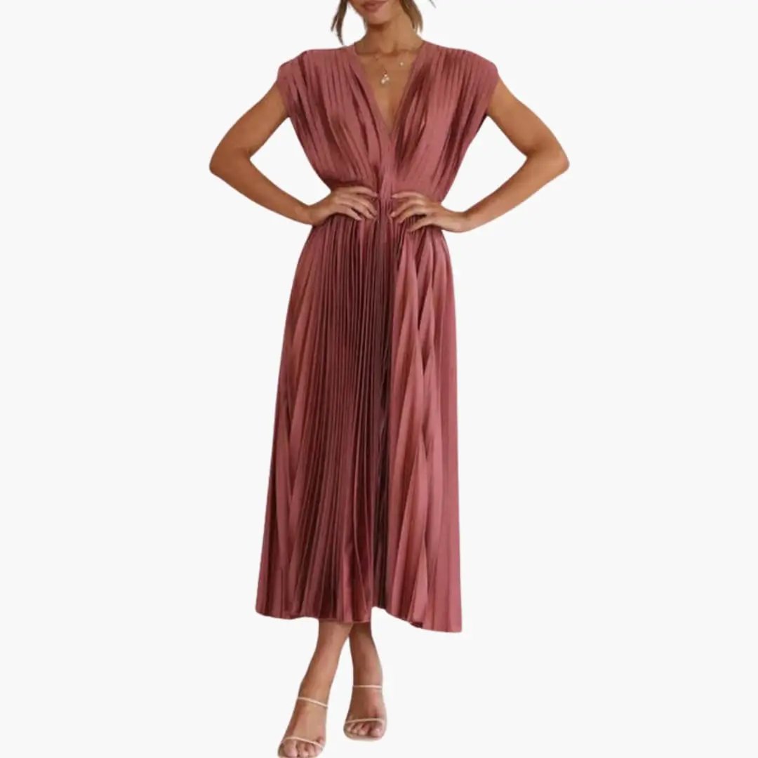 Women’s Sleeveless V-Neck Midi Dress with Defined Waist and Straight Hem