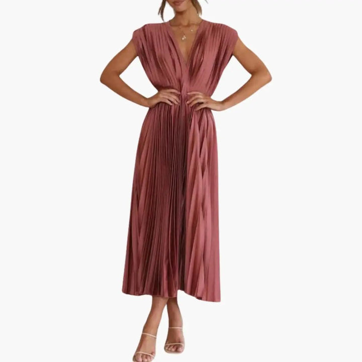 Women’s Sleeveless V-Neck Midi Dress with Defined Waist and Straight Hem