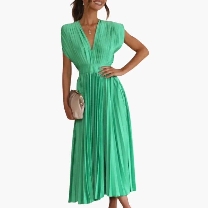 Women’s Sleeveless V-Neck Midi Dress with Defined Waist and Straight Hem