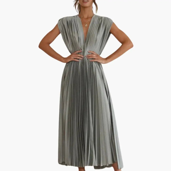 Women’s Sleeveless V-Neck Midi Dress with Defined Waist and Straight Hem