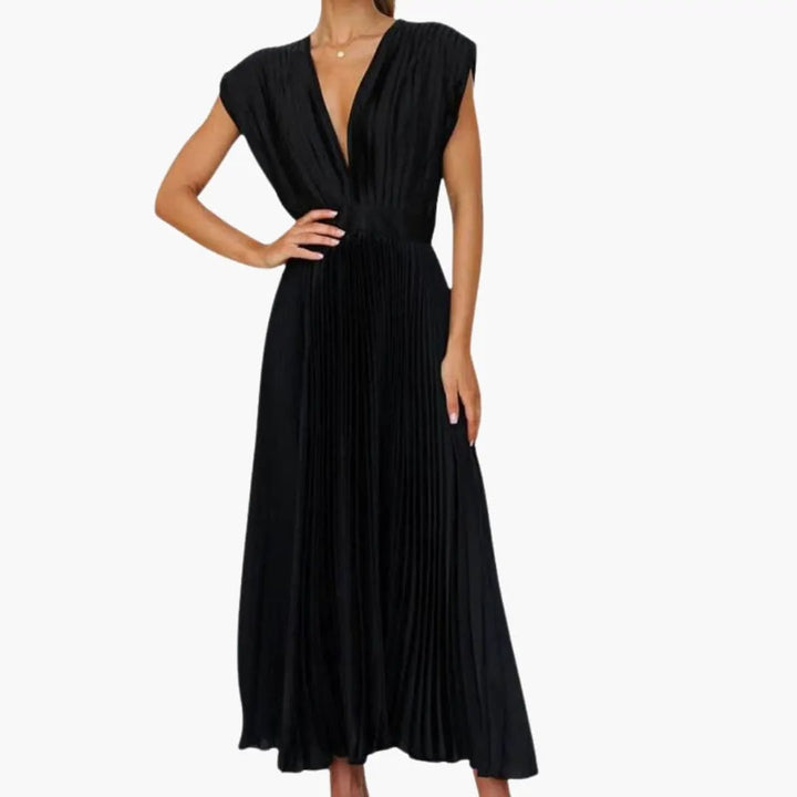 Women’s Sleeveless V-Neck Midi Dress with Defined Waist and Straight Hem