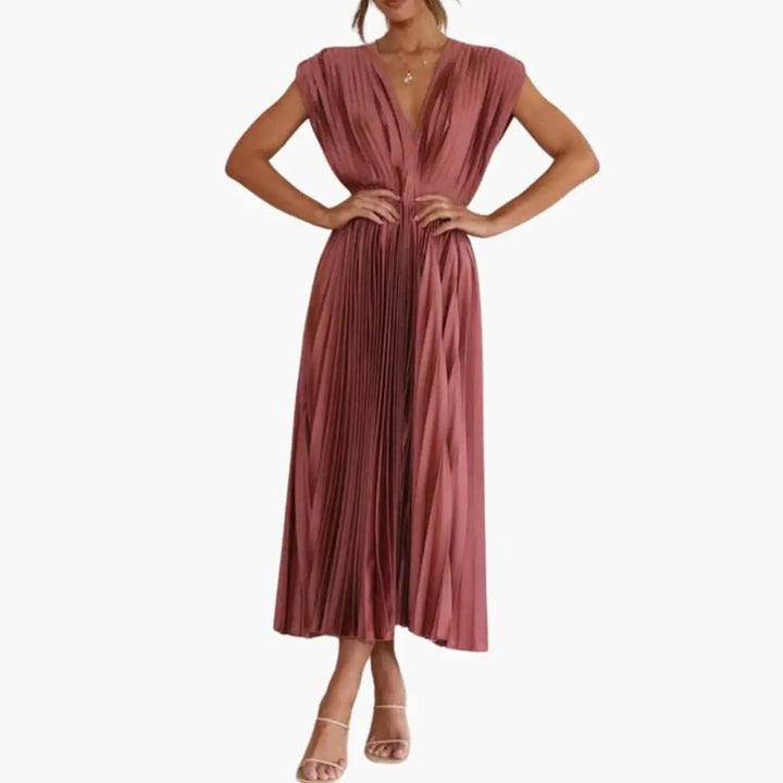 Women’s Sleeveless V-Neck Midi Dress with Pleated Skirt and Defined Waist